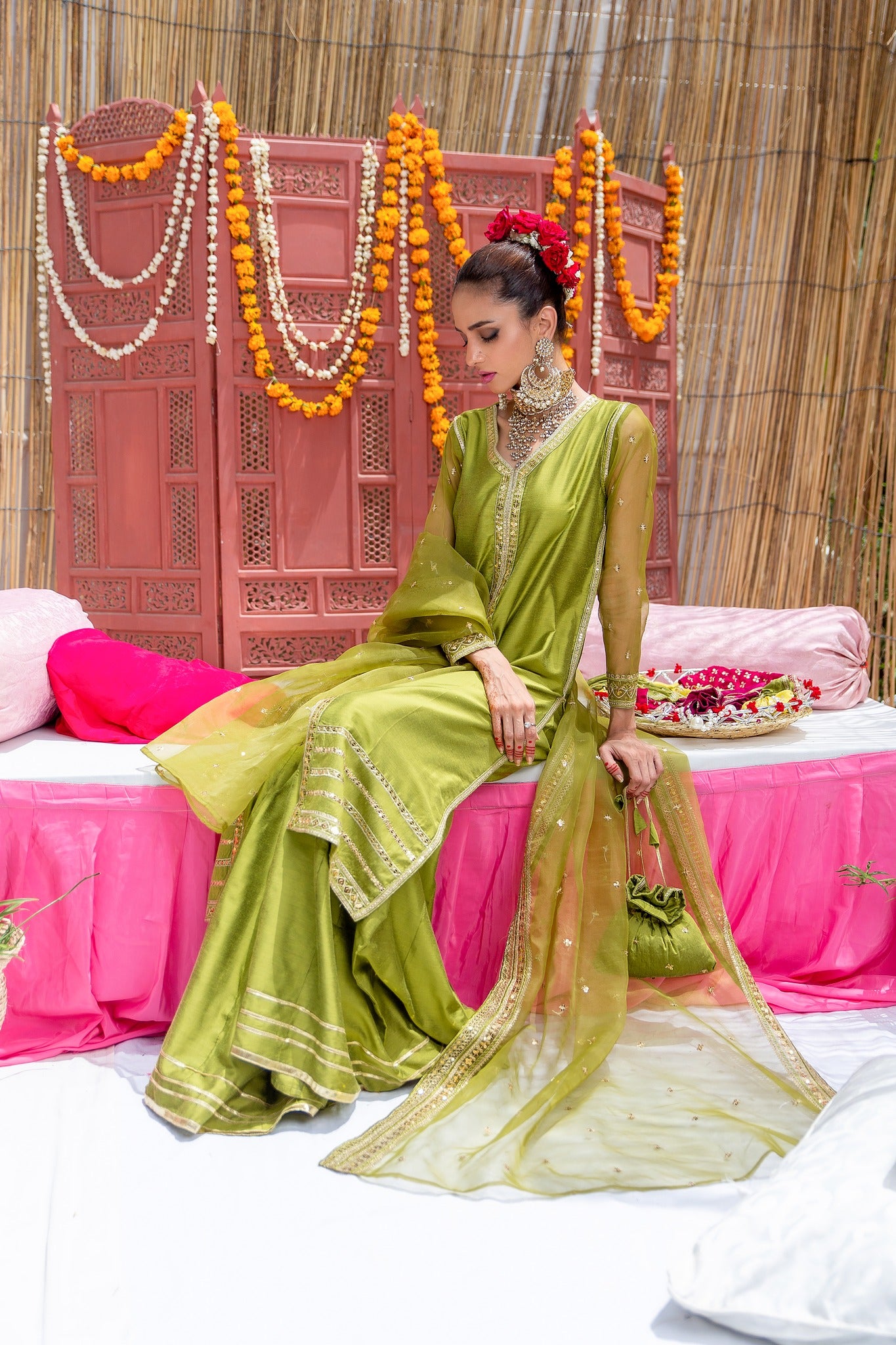 Olive Zari Embroidered Banarsi Cotton Silk Gharara (3-Piece) - Image 5