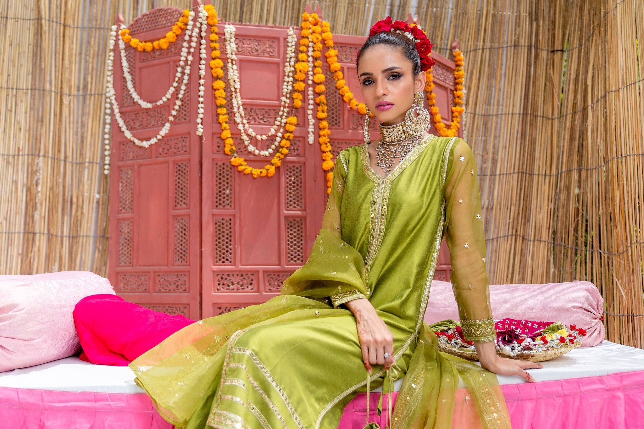 Olive Zari Embroidered Banarsi Cotton Silk Gharara (3-Piece) - Image 6