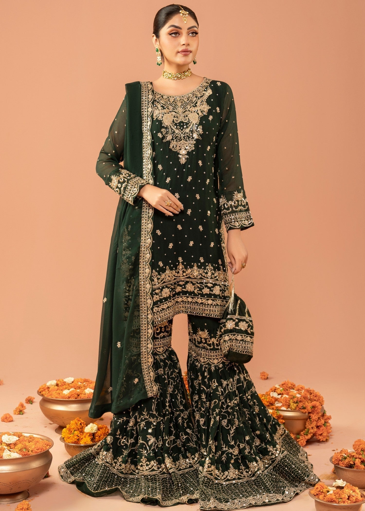 Bottle Green Embroidered Chiffon Gharara (3-Piece) - Image 1