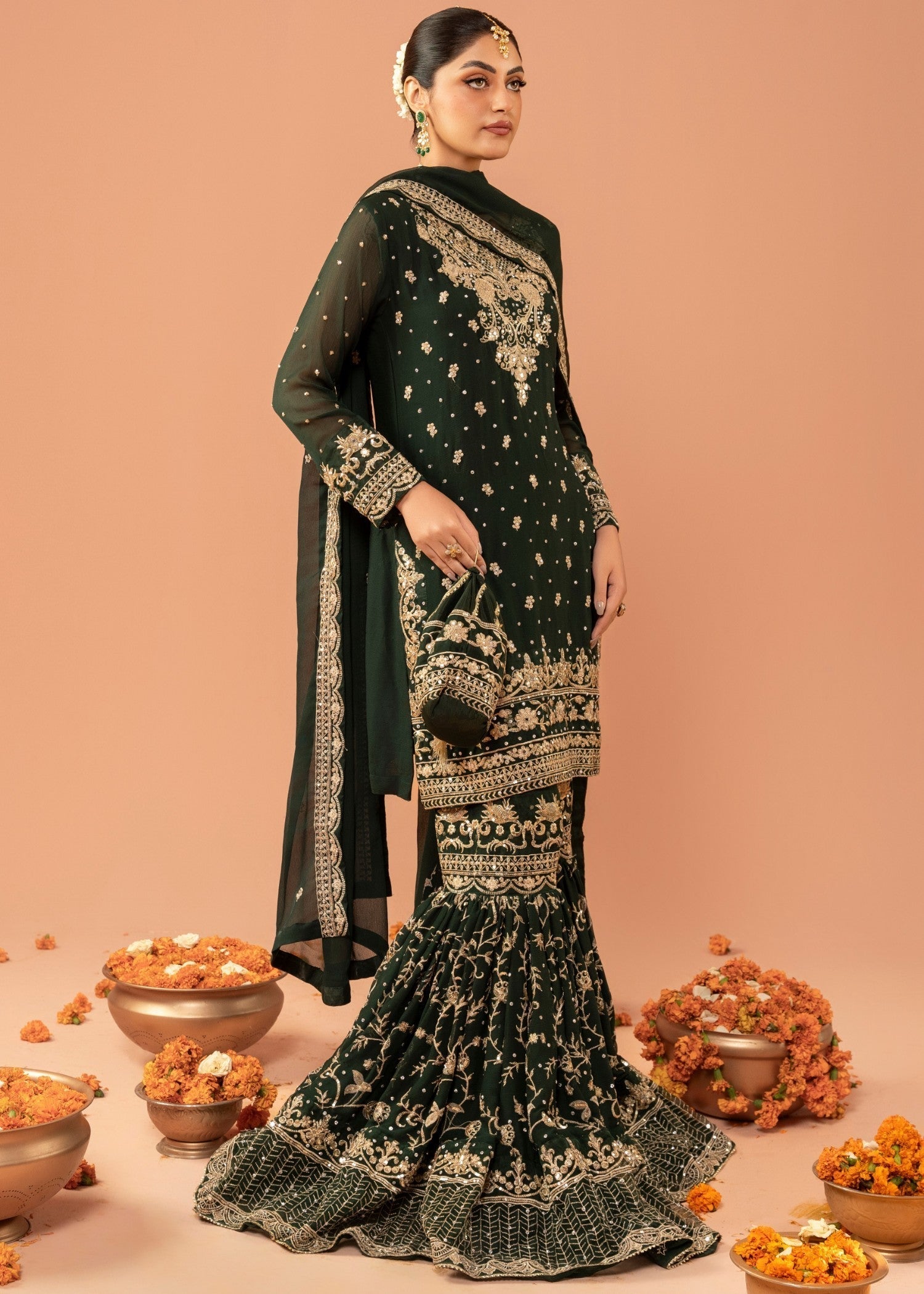 Bottle Green Embroidered Chiffon Gharara (3-Piece) - Image 3