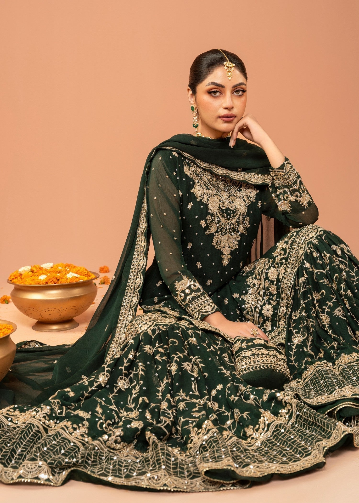 Bottle Green Embroidered Chiffon Gharara (3-Piece) - Image 5