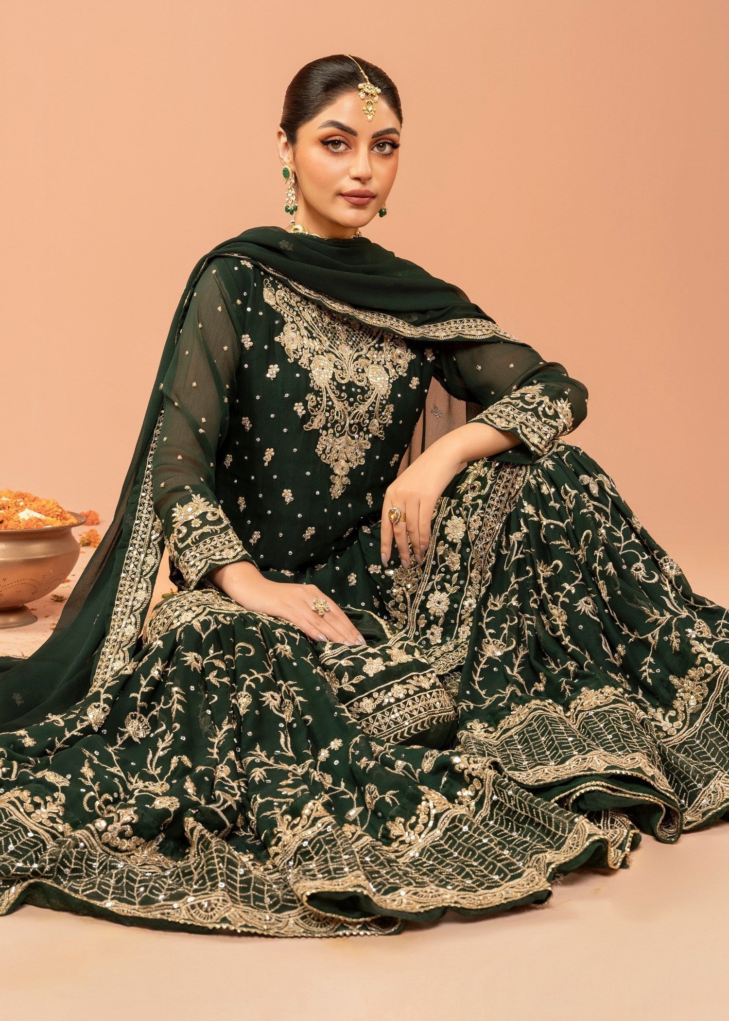 Bottle Green Embroidered Chiffon Gharara (3-Piece) - Image 6