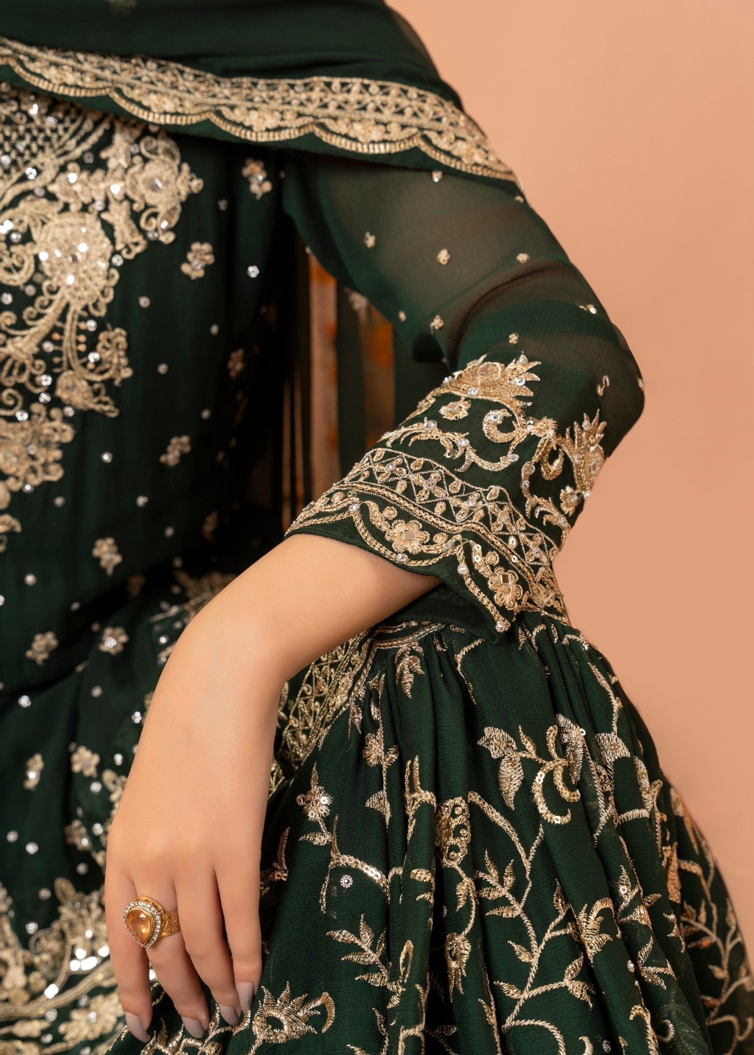 Bottle Green Embroidered Chiffon Gharara (3-Piece) - Image 7