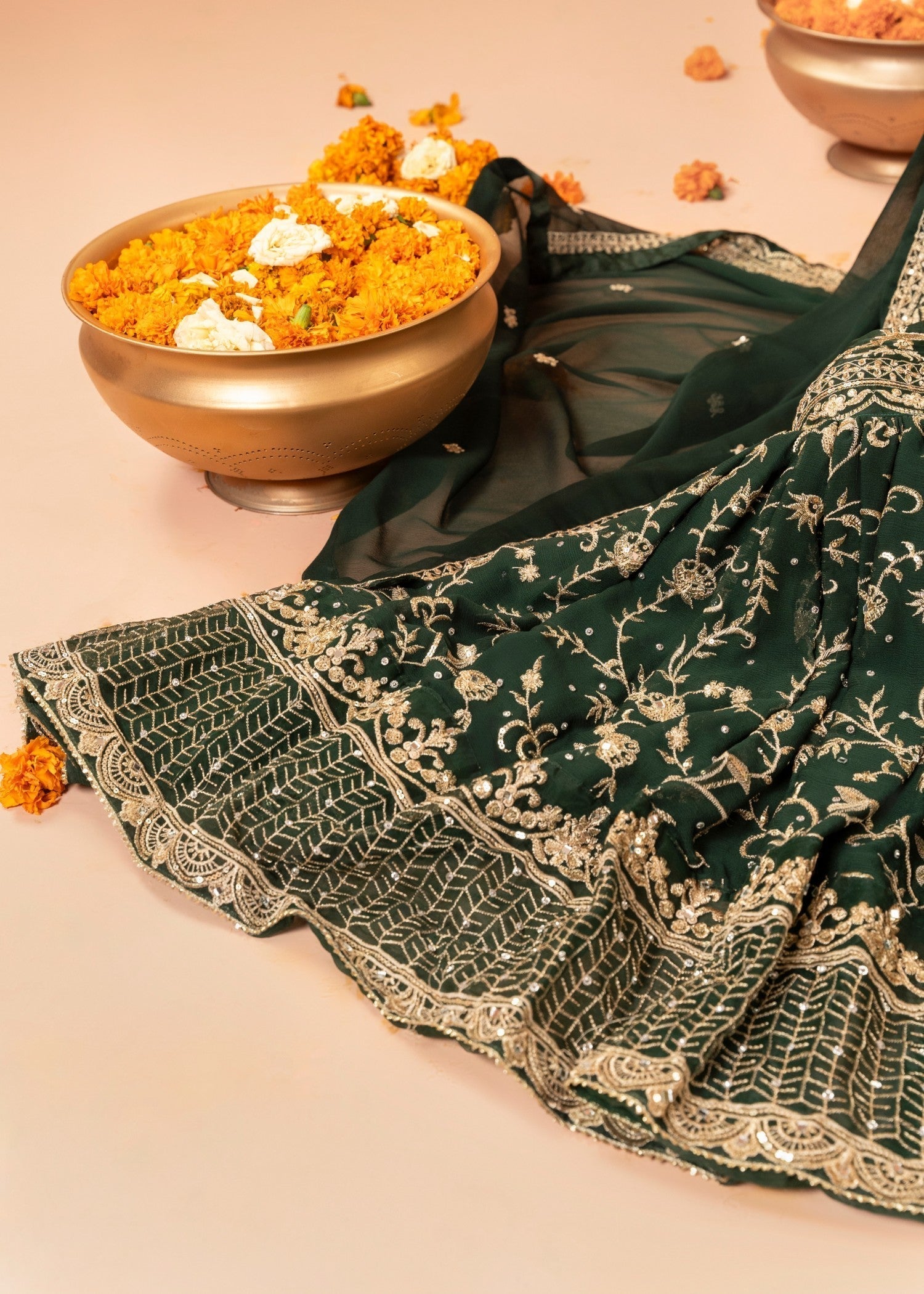 Bottle Green Embroidered Chiffon Gharara (3-Piece) - Image 8