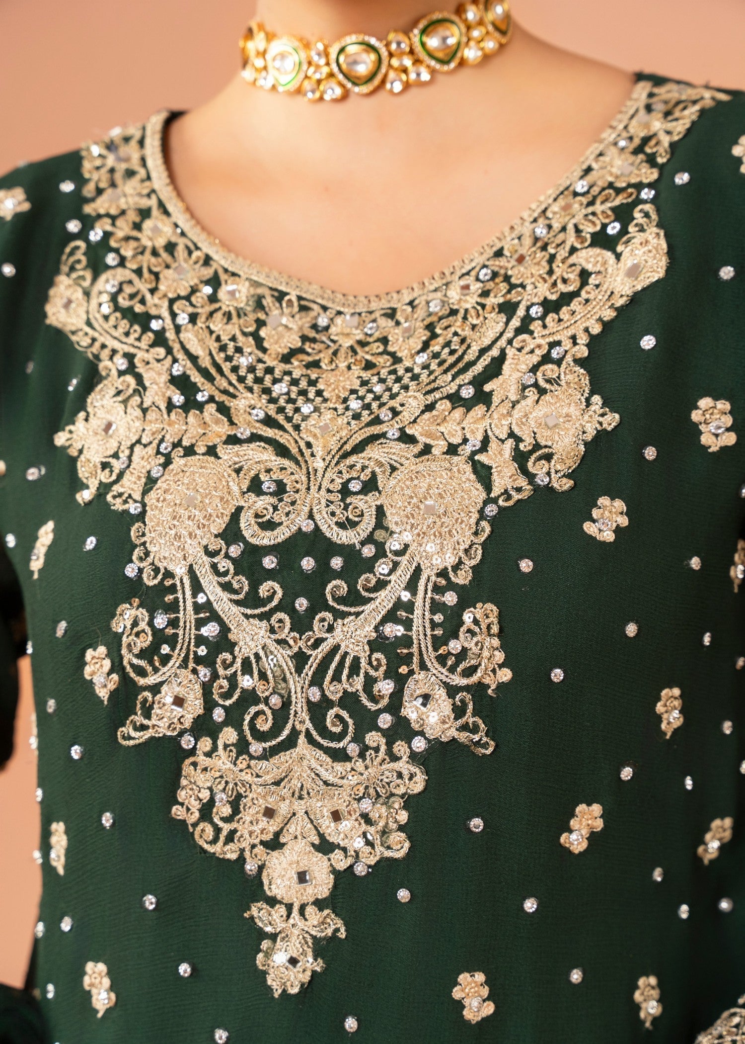 Bottle Green Embroidered Chiffon Gharara (3-Piece) - Image 9