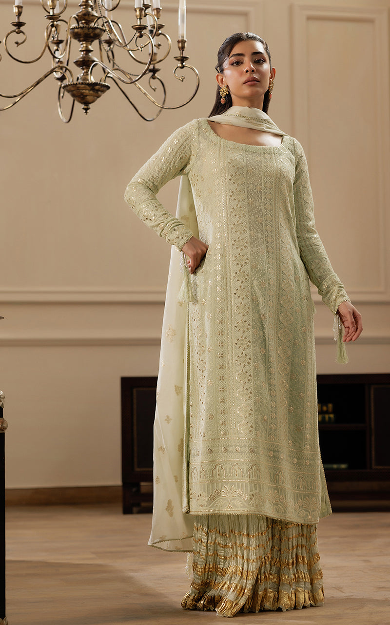 Pakistani Pistachio Embroidered Chiffon Gharara Set (3-Piece) - Image 1