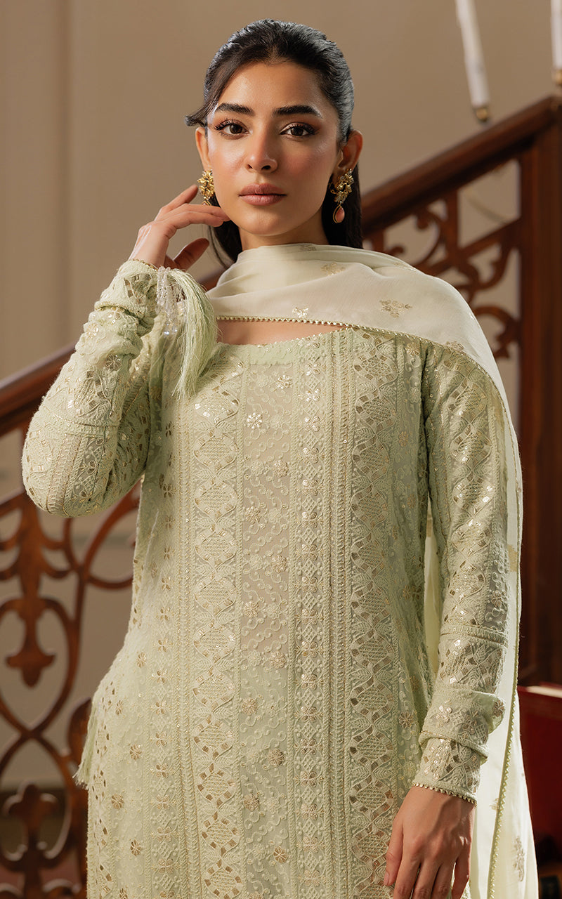 Pakistani Pistachio Embroidered Chiffon Gharara Set (3-Piece) - Image 2