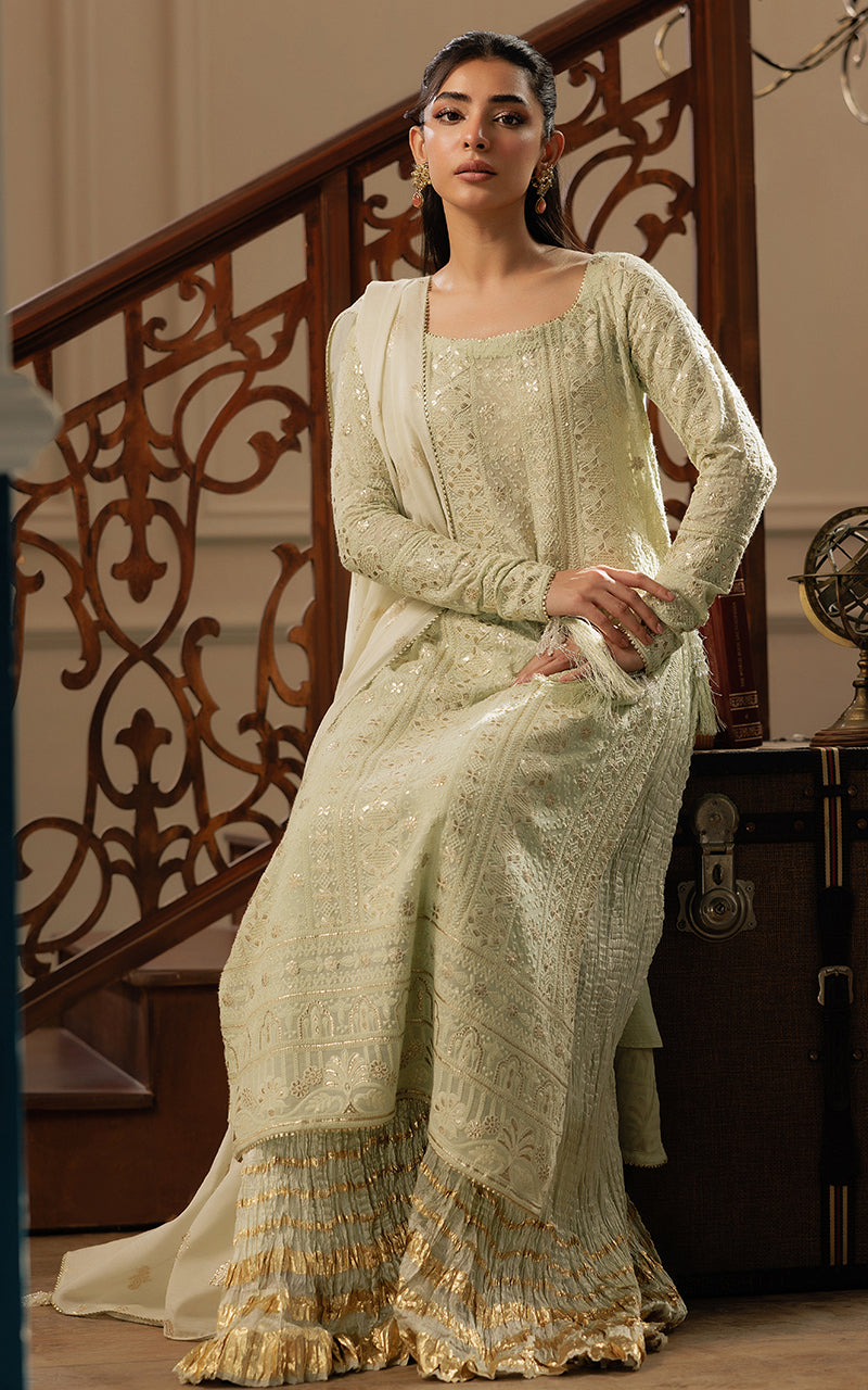 Pakistani Pistachio Embroidered Chiffon Gharara Set (3-Piece) - Image 3