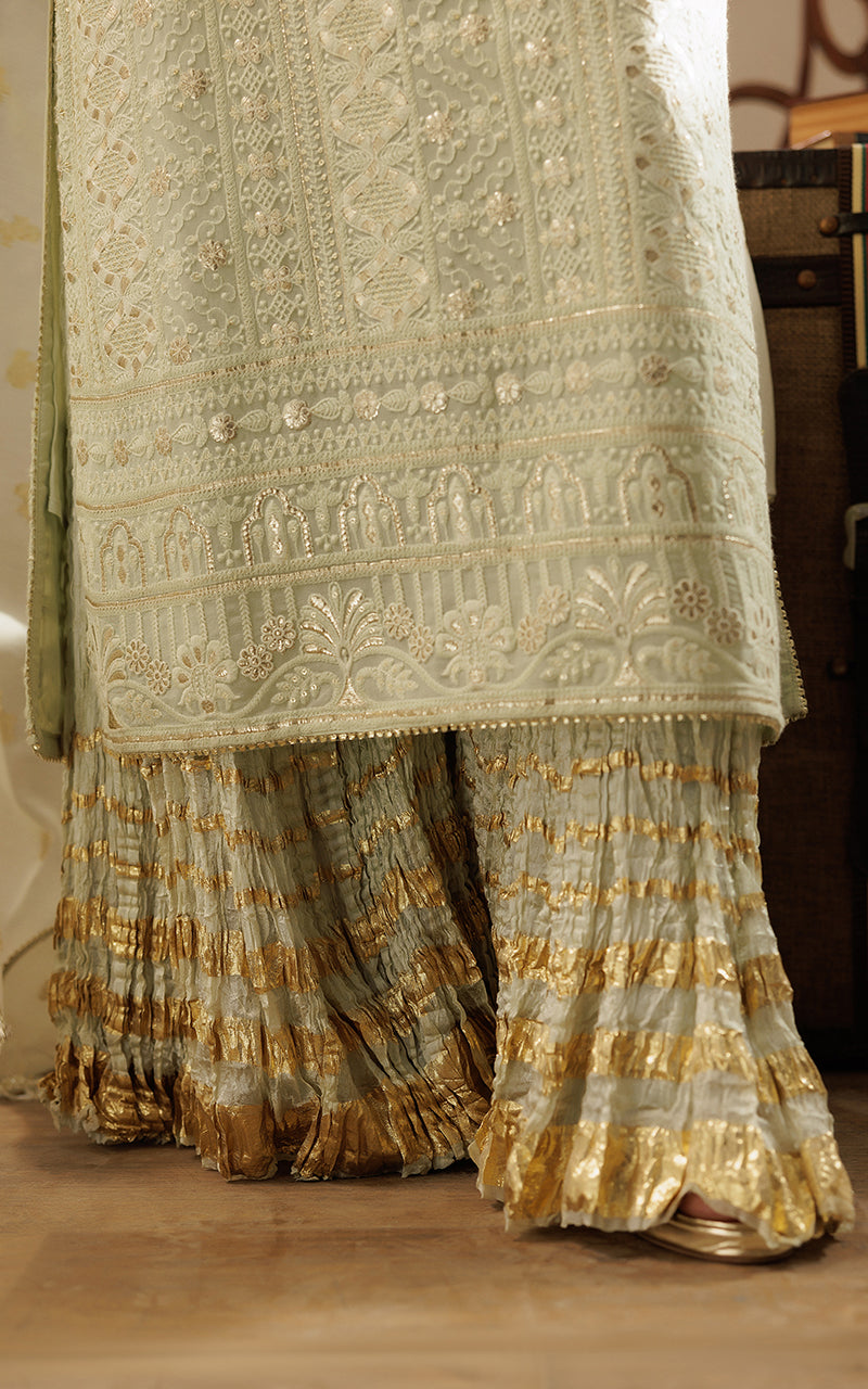 Pakistani Pistachio Embroidered Chiffon Gharara Set (3-Piece) - Image 4
