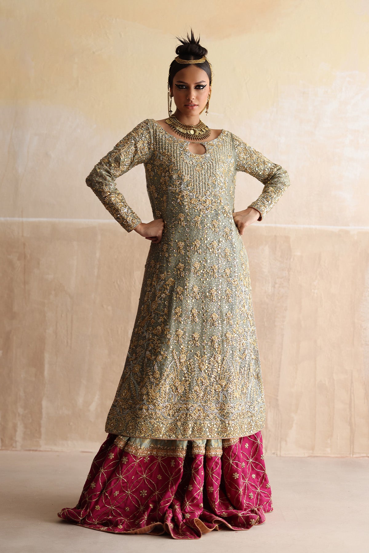 Mint Green Zardozi Cotton Khadi Net Gharara (3-Piece) - Image 1