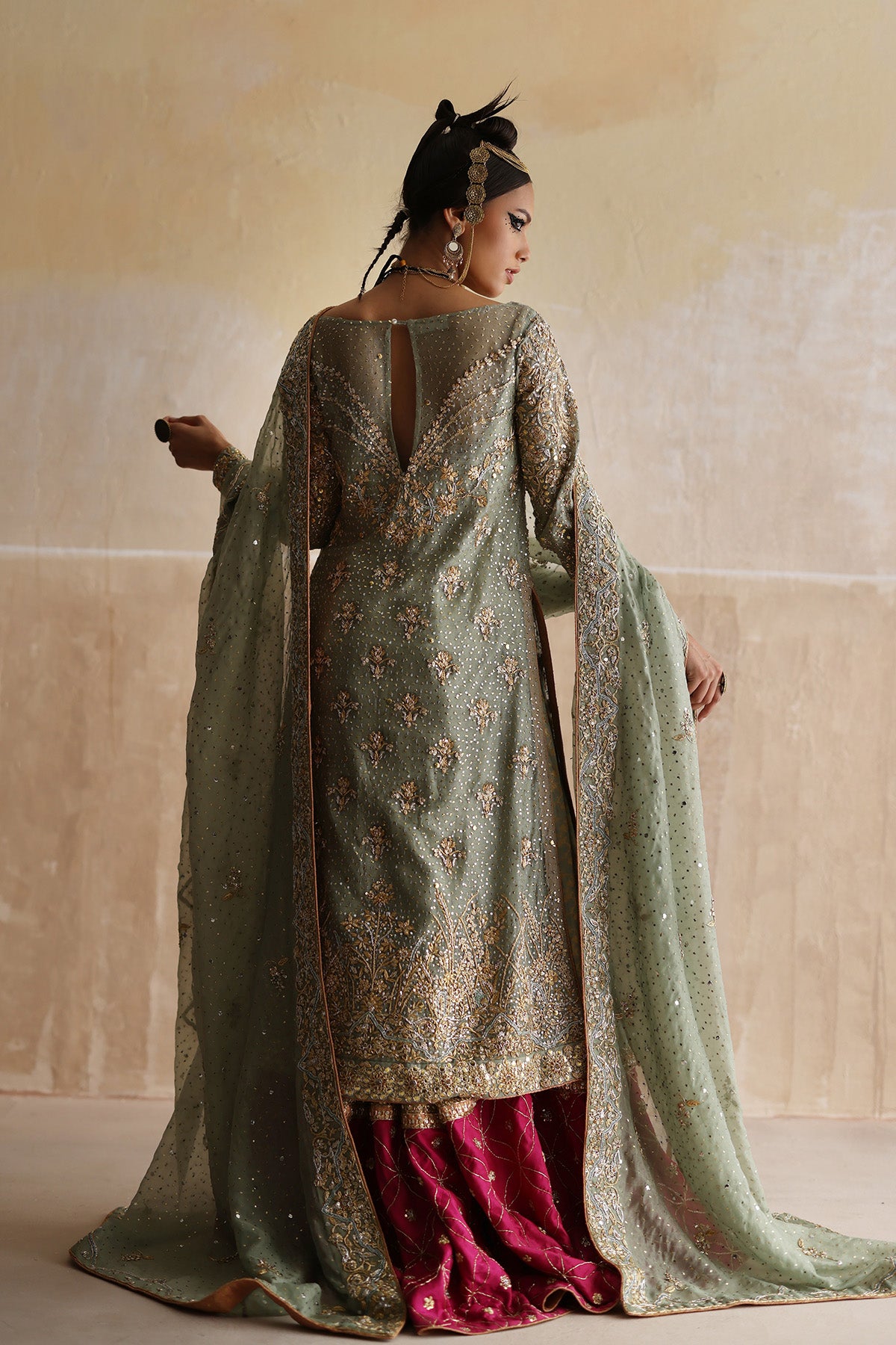 Mint Green Zardozi Cotton Khadi Net Gharara (3-Piece) - Image 2