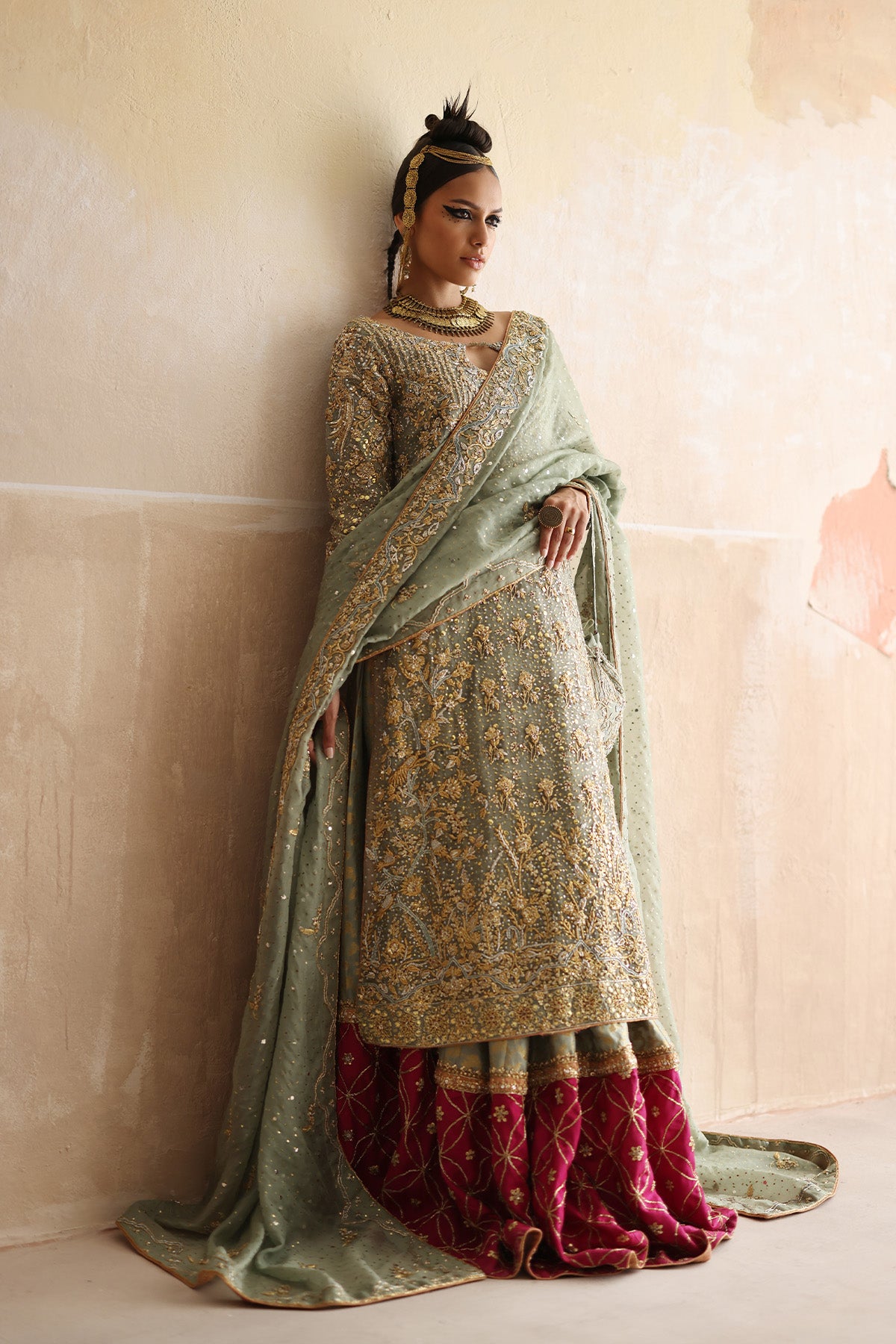 Mint Green Zardozi Cotton Khadi Net Gharara (3-Piece) - Image 3