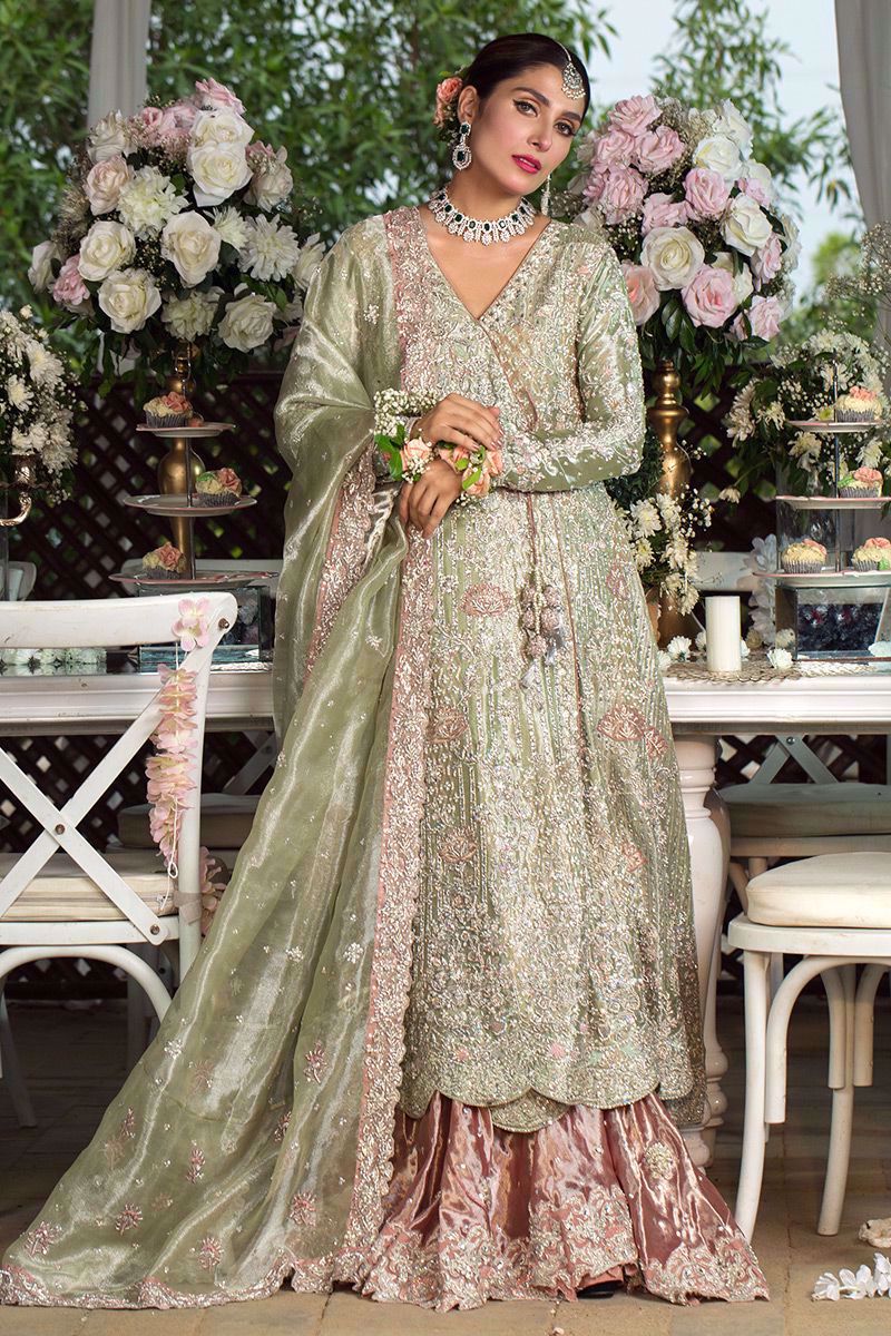 Lichen Green Swarovski Cotton Net Angarkha Gharara (3-Piece) - Image 1