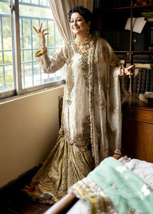Indian Sage Green & Gold Embroidered Cotton Net Gharara (3-Piece) - Image 2