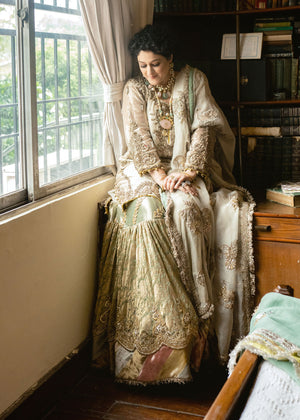 Indian Sage Green & Gold Embroidered Cotton Net Gharara (3-Piece) - Image 3