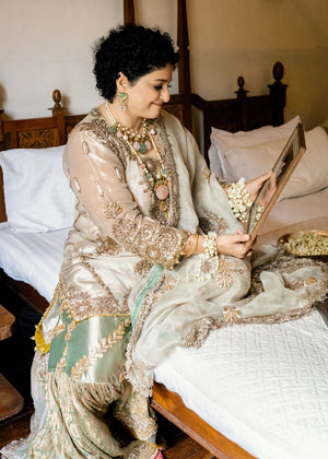 Indian Sage Green & Gold Embroidered Cotton Net Gharara (3-Piece) - Image 7