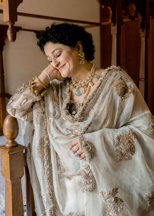 Indian Sage Green & Gold Embroidered Cotton Net Gharara (3-Piece) - Image 8