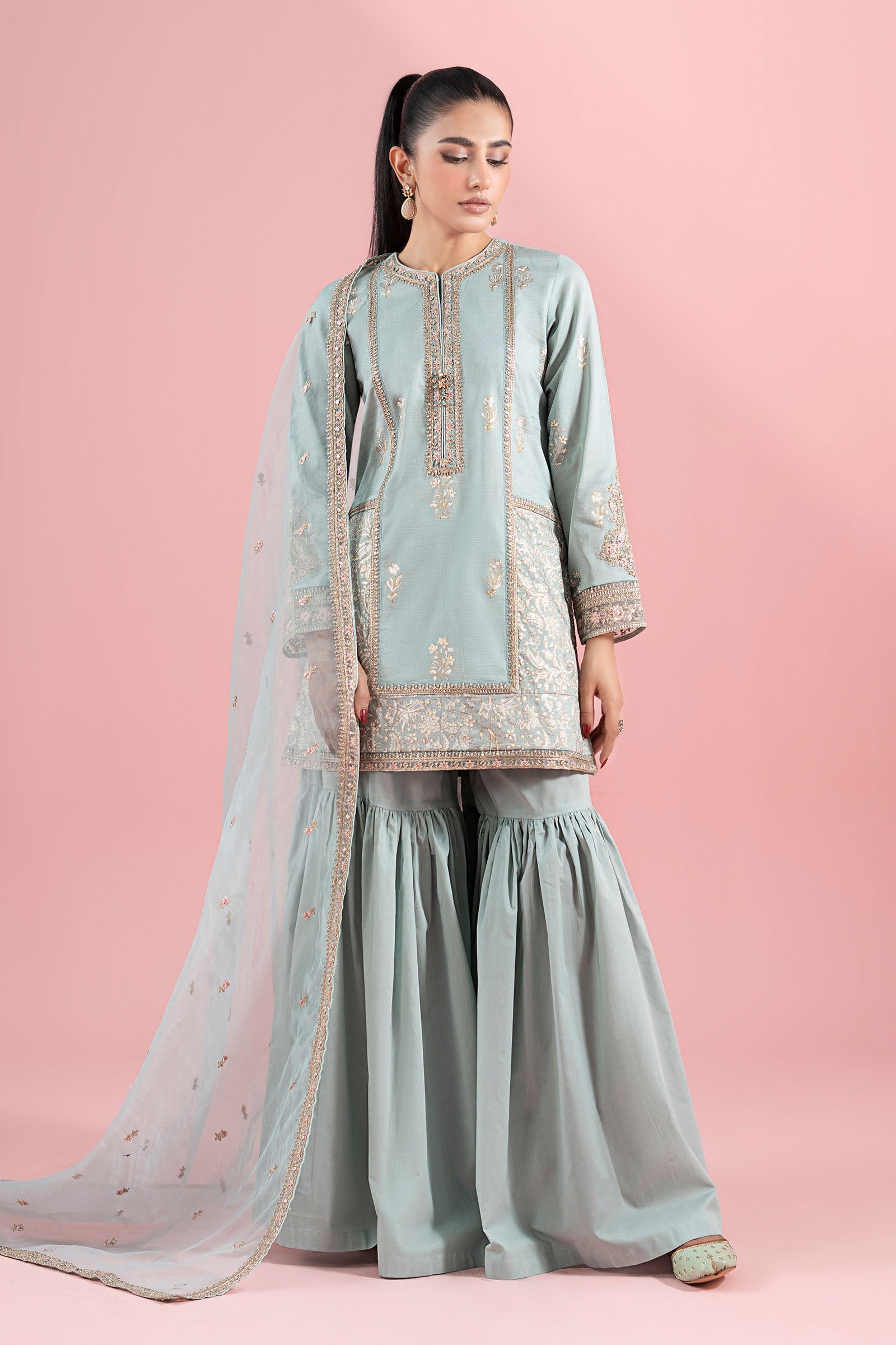Ferozi Embroidered Dobby Gharara Set (3-Piece) - Image 1