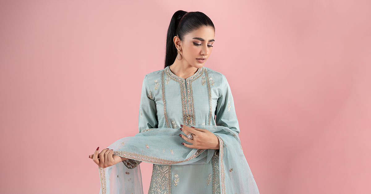 Ferozi Embroidered Dobby Gharara Set (3-Piece) - Image 9