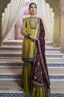 Pakistani Lime Green Embroidered Jamawar Gharara Set (3-Piece) - Image 2