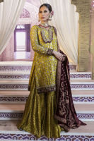 Pakistani Lime Green Embroidered Jamawar Gharara Set (3-Piece) - Image 3