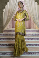 Pakistani Lime Green Embroidered Jamawar Gharara Set (3-Piece) - Image 4