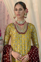 Pakistani Lime Green Embroidered Jamawar Gharara Set (3-Piece) - Image 7