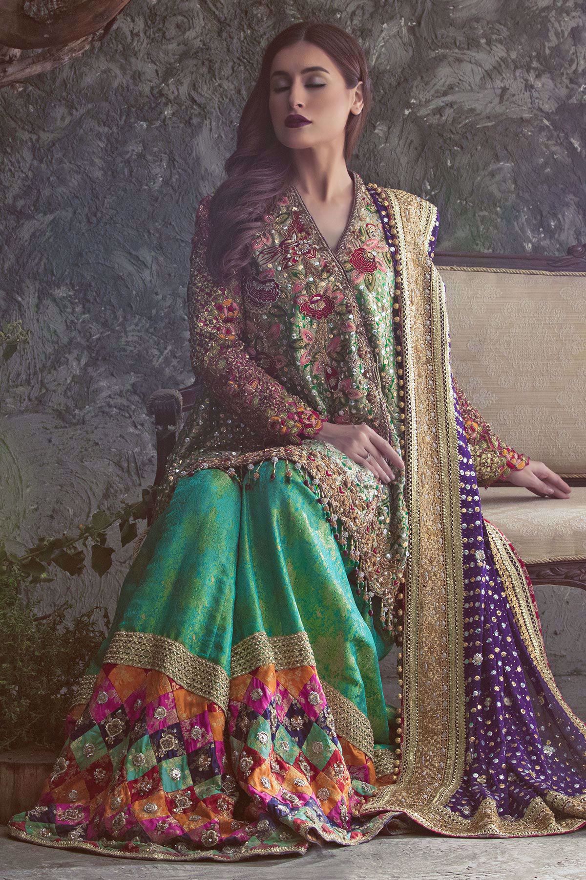 Green Ombre Embroidered Jamawar Gharara (3-Piece) - Image 1