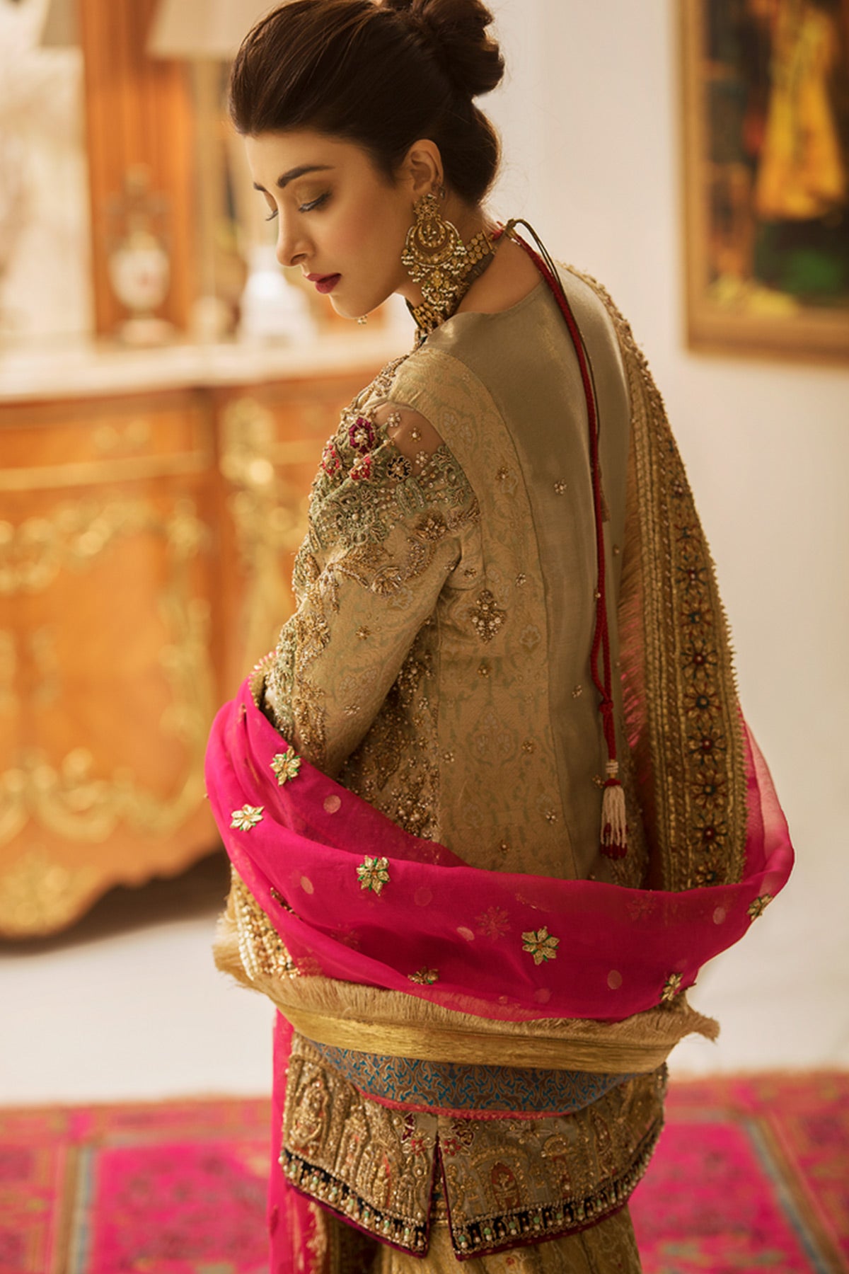 Sea Green Hand-Embellished Tissue Jamawar Farshi Gharara (3-Piece) - Image 3