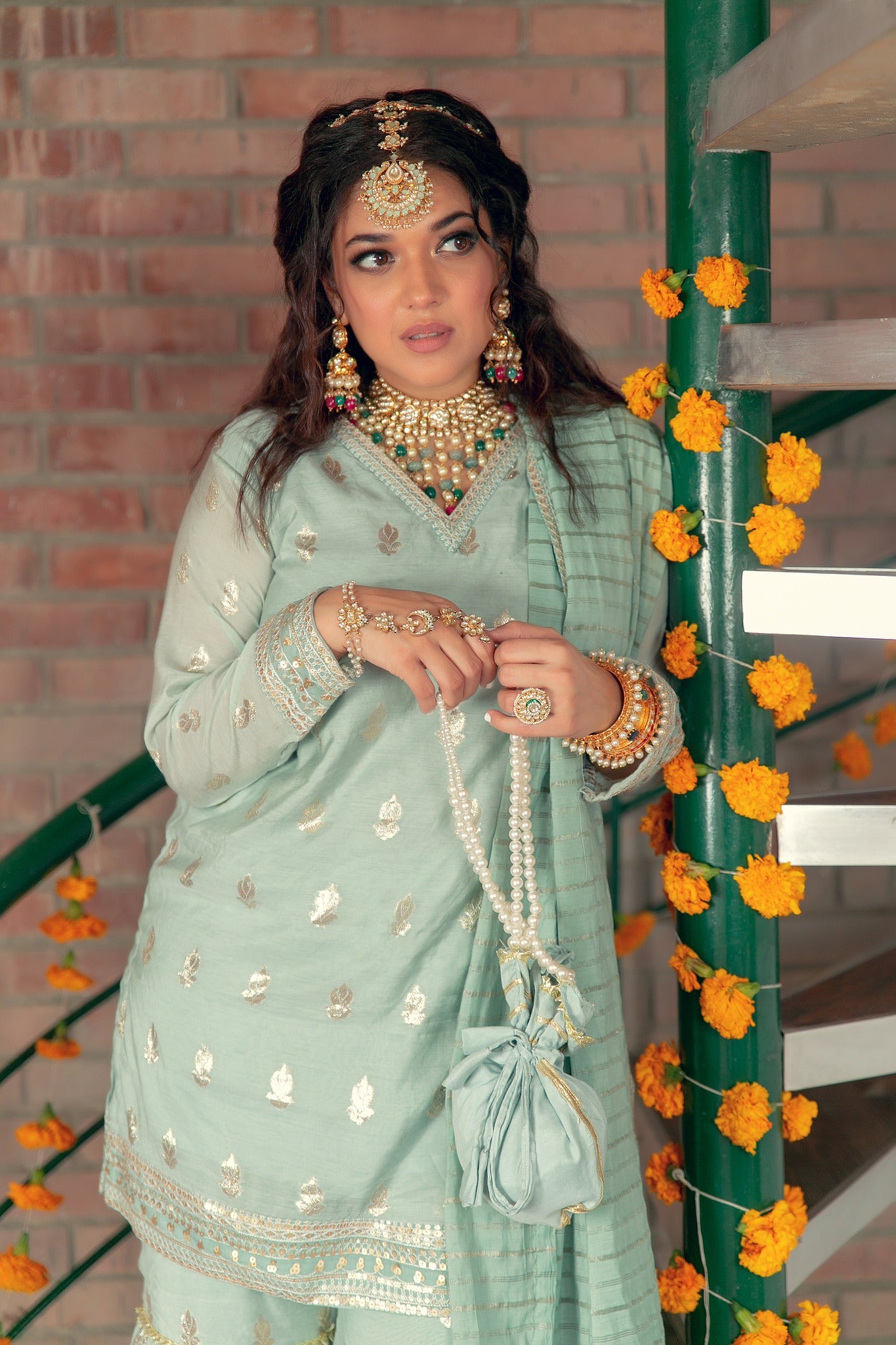Seafoam Tilla Karandi Lawn Nawabi Gharara (3-Piece) - Image 1