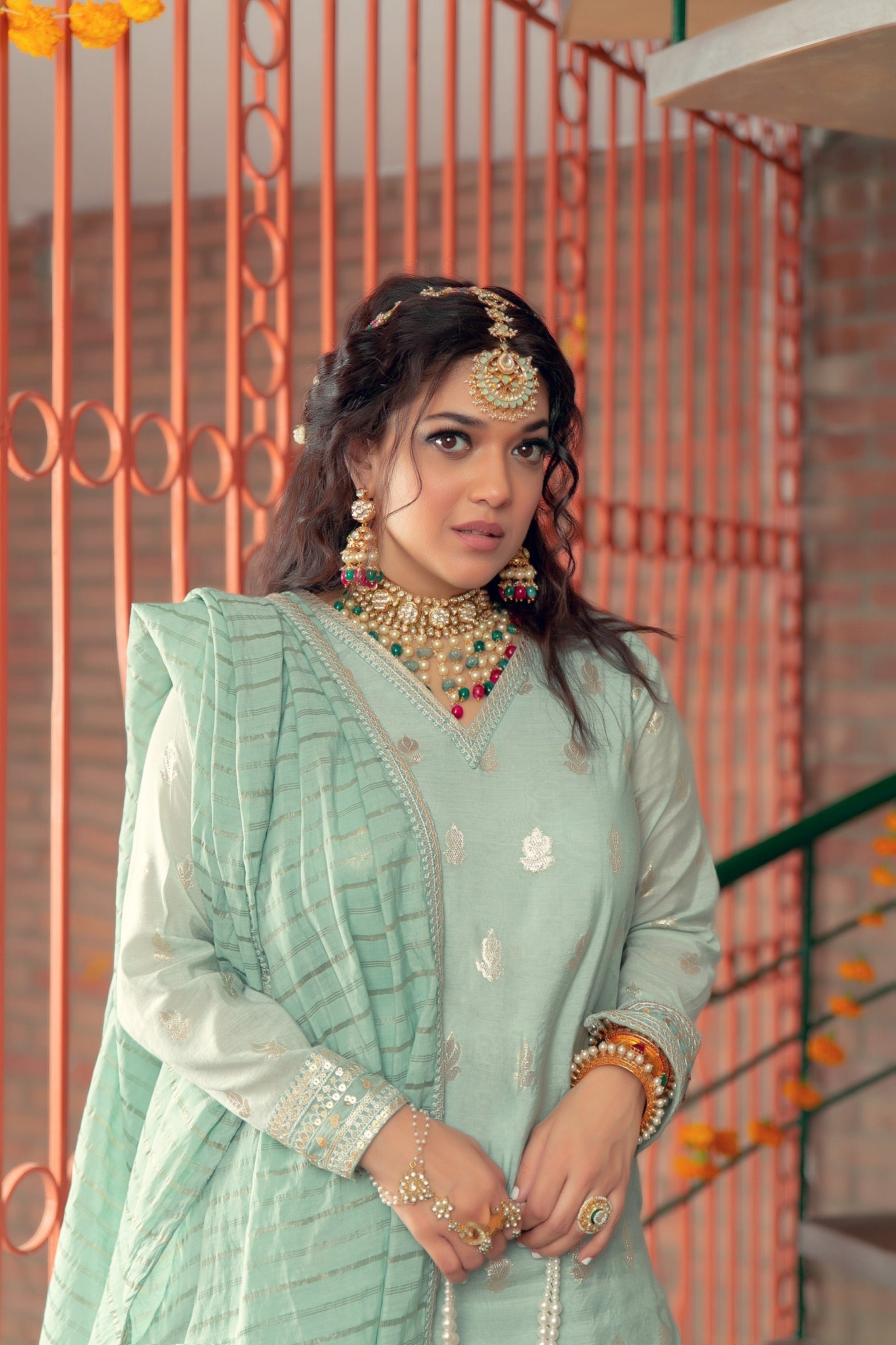 Seafoam Tilla Karandi Lawn Nawabi Gharara (3-Piece) - Image 3