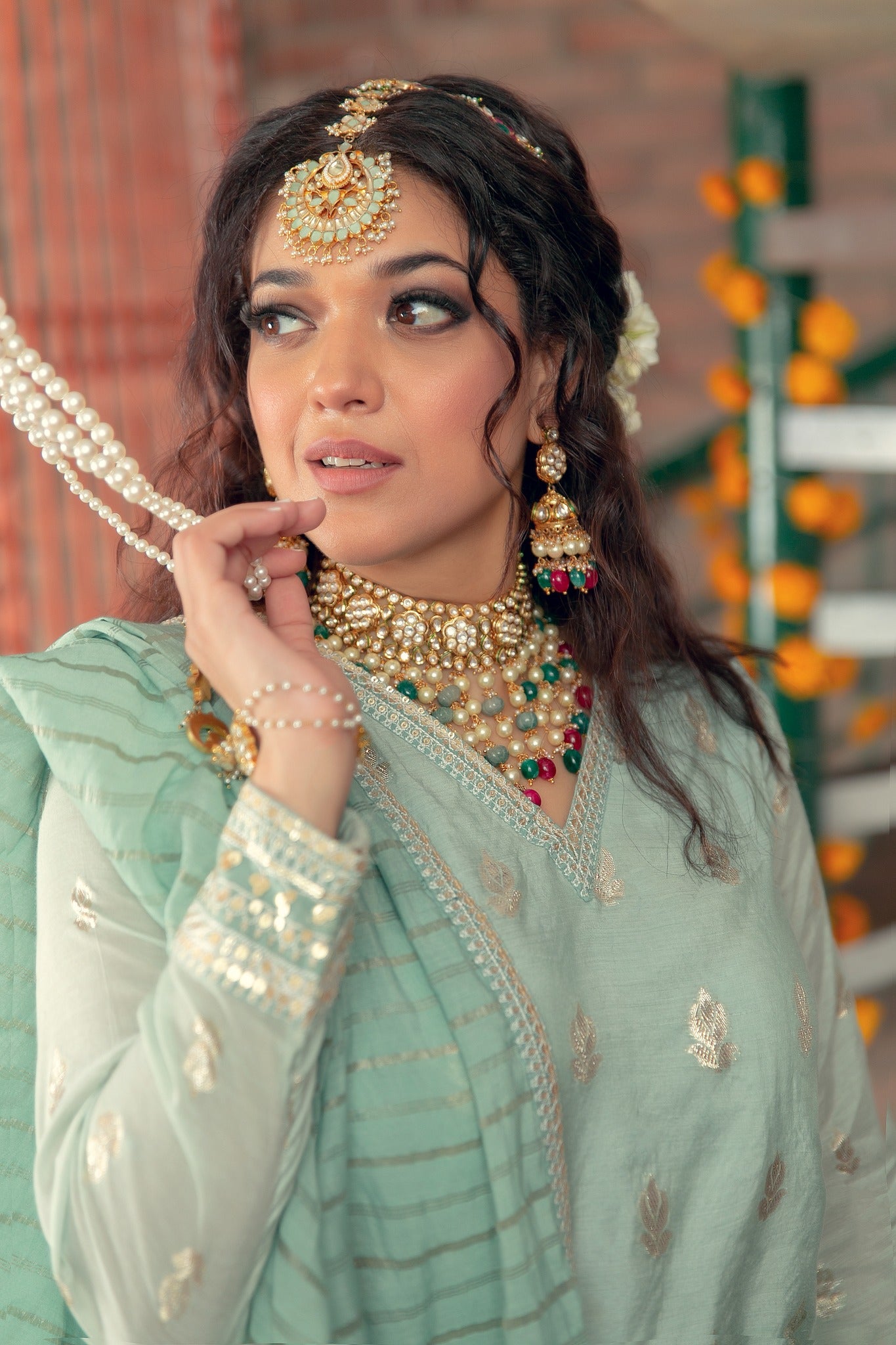 Seafoam Tilla Karandi Lawn Nawabi Gharara (3-Piece) - Image 4