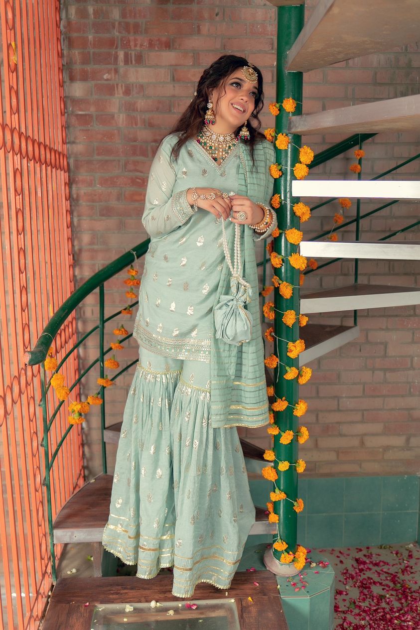 Seafoam Tilla Karandi Lawn Nawabi Gharara (3-Piece) - Image 5