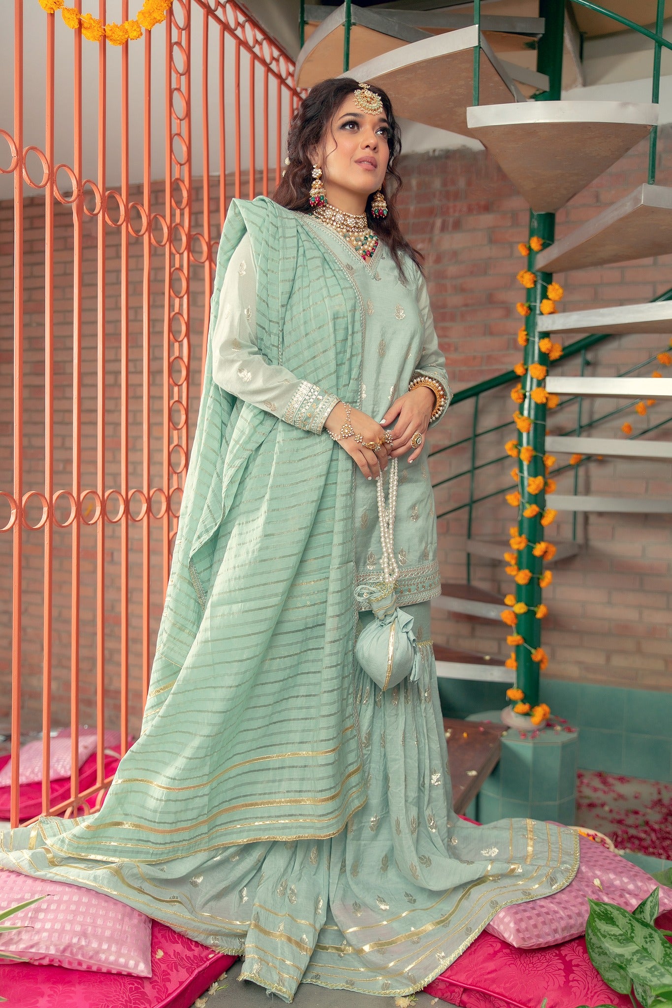 Seafoam Tilla Karandi Lawn Nawabi Gharara (3-Piece) - Image 6