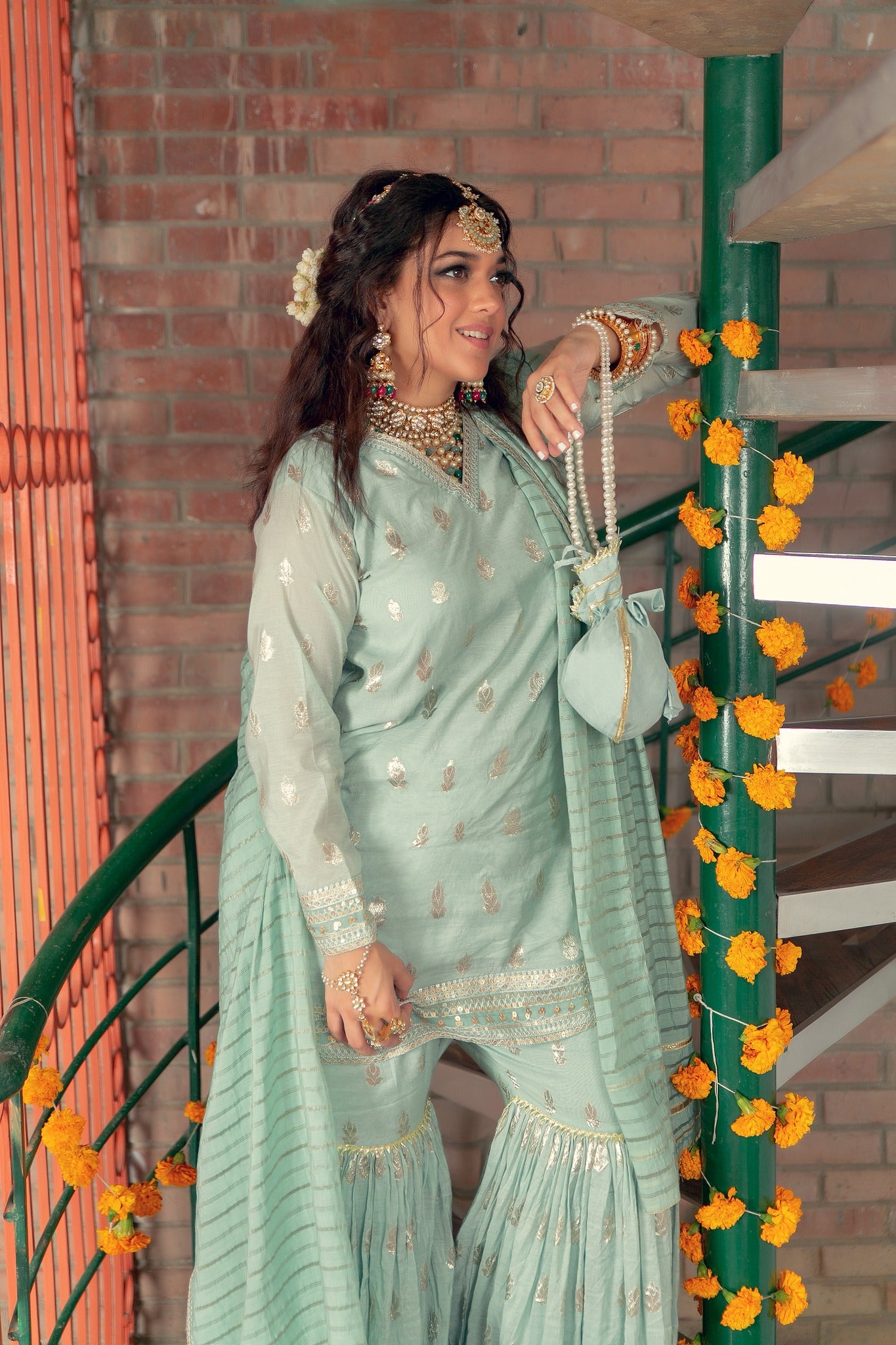 Seafoam Tilla Karandi Lawn Nawabi Gharara (3-Piece) - Image 7