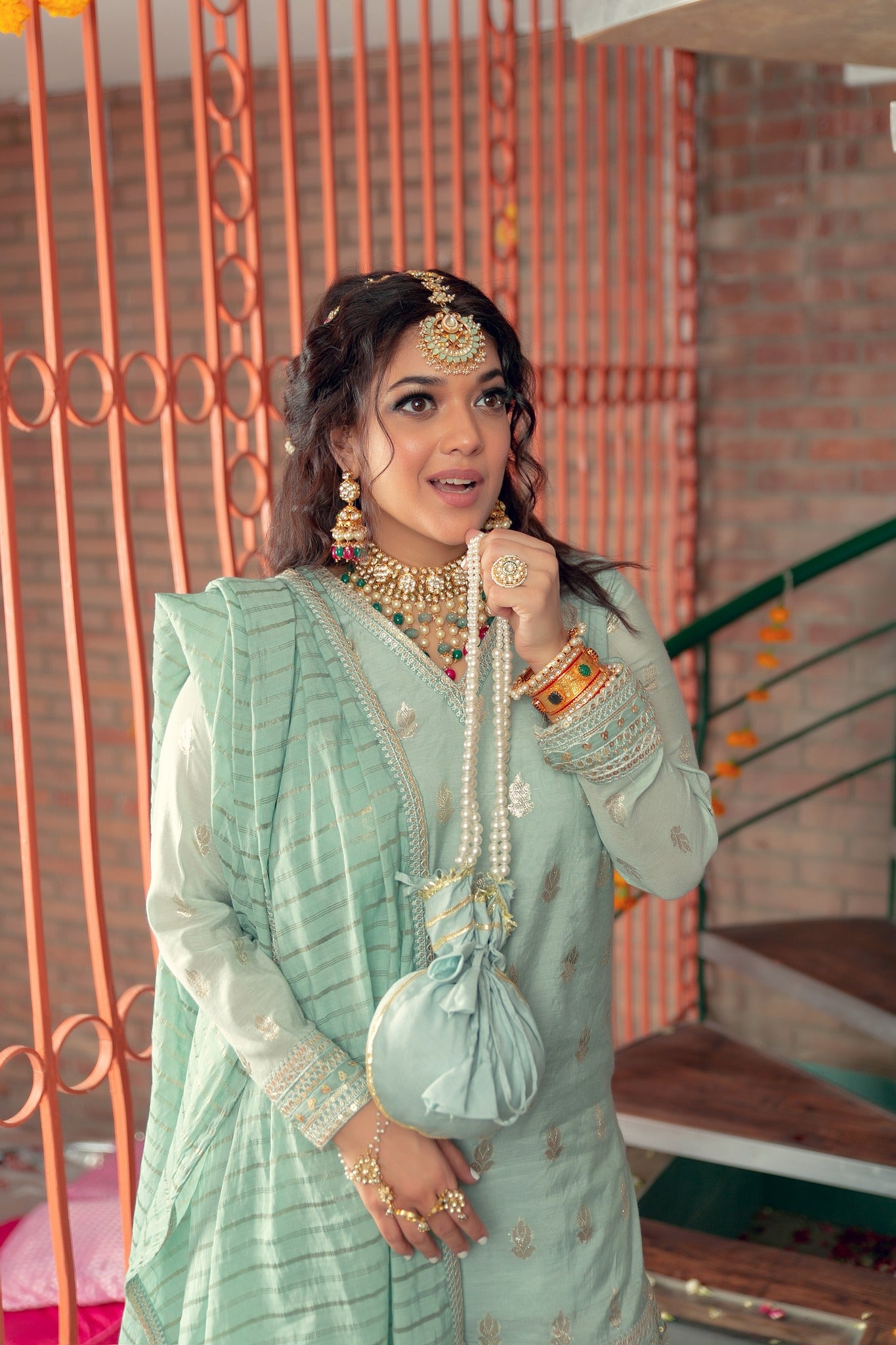 Seafoam Tilla Karandi Lawn Nawabi Gharara (3-Piece) - Image 8