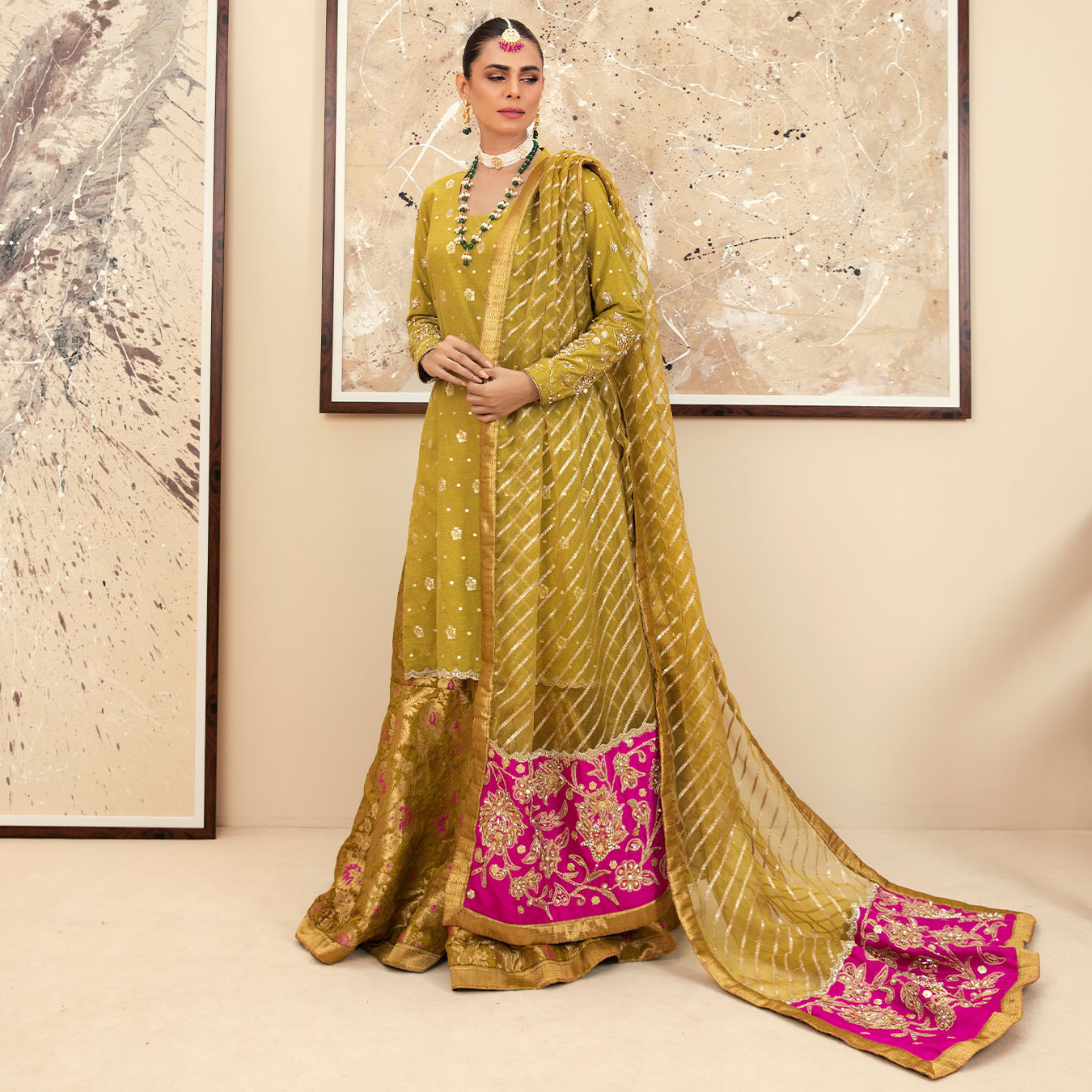 Pakistani Henna Green Zari Karandi Shirt & Brocade Gharara (3-Piece) - Image 1