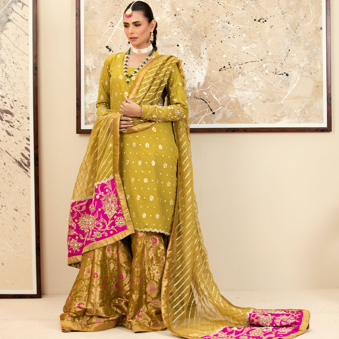 Pakistani Henna Green Zari Karandi Shirt & Brocade Gharara (3-Piece) - Image 2