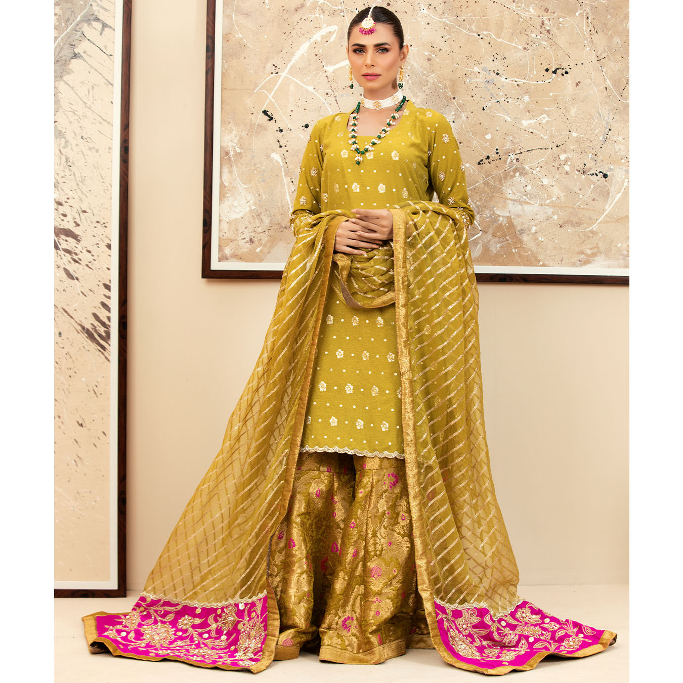 Pakistani Henna Green Zari Karandi Shirt & Brocade Gharara (3-Piece) - Image 3