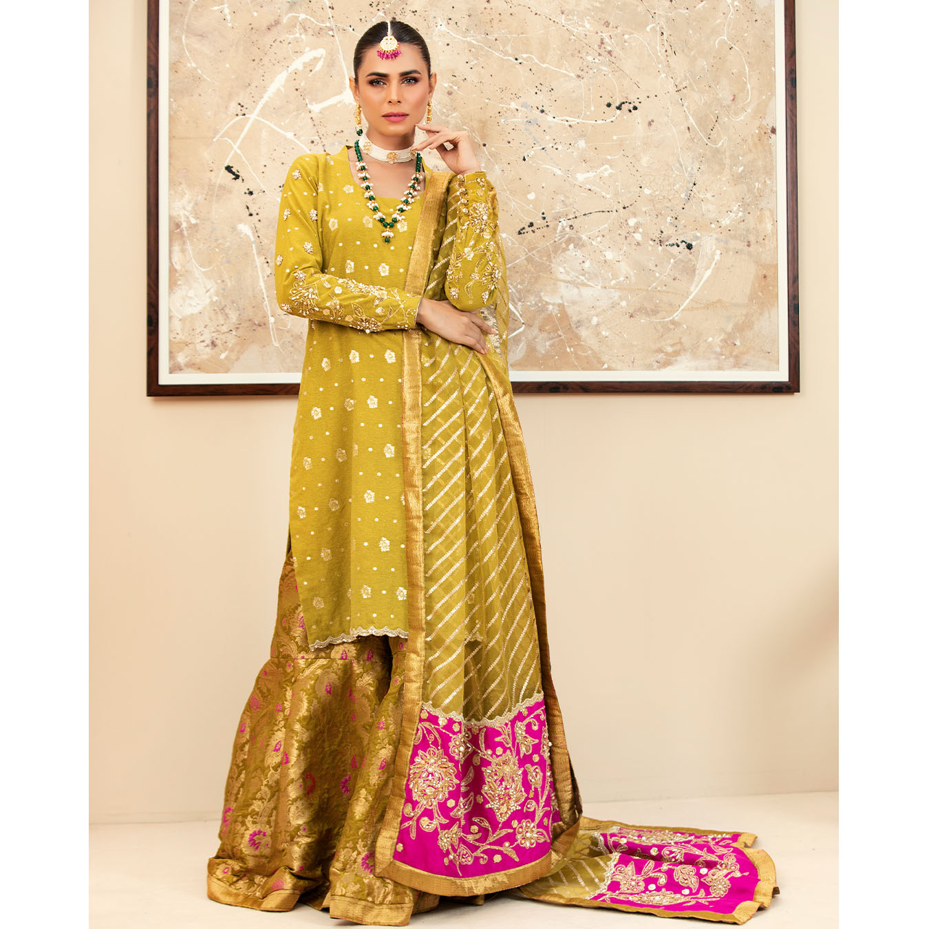 Pakistani Henna Green Zari Karandi Shirt & Brocade Gharara (3-Piece) - Image 4