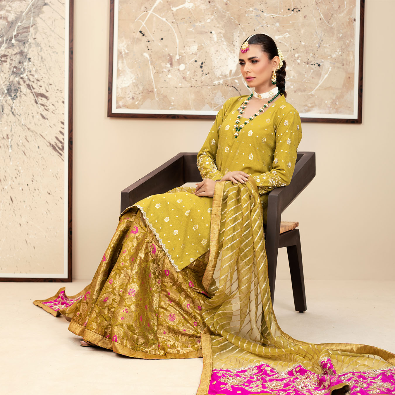 Pakistani Henna Green Zari Karandi Shirt & Brocade Gharara (3-Piece) - Image 5