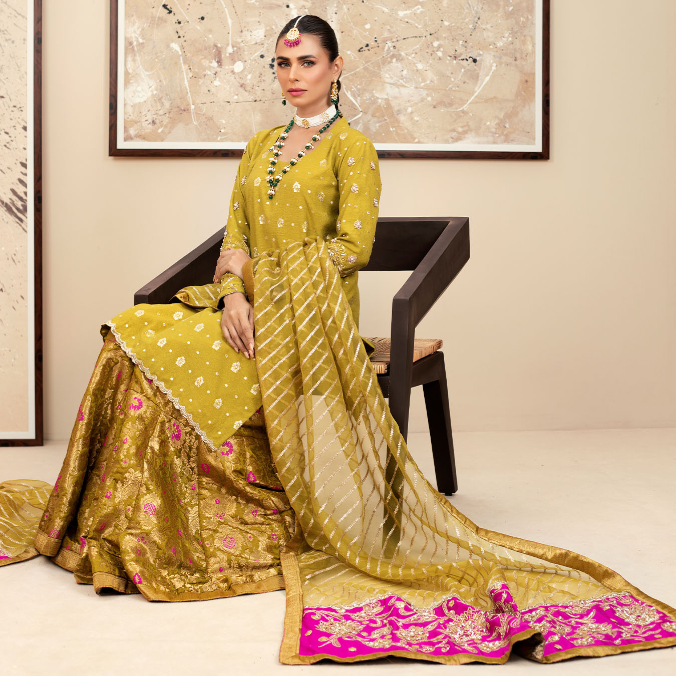 Pakistani Henna Green Zari Karandi Shirt & Brocade Gharara (3-Piece) - Image 6