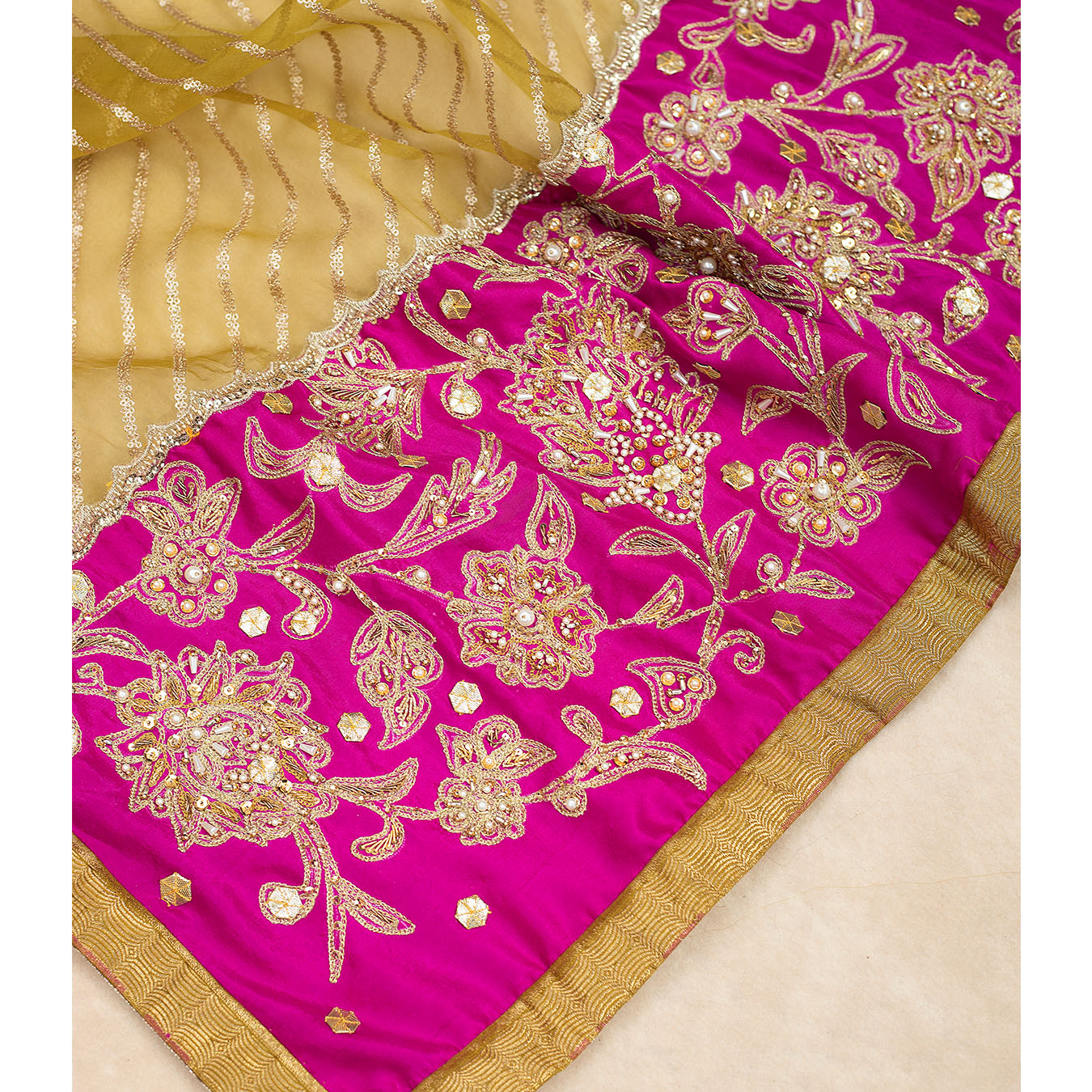 Pakistani Henna Green Zari Karandi Shirt & Brocade Gharara (3-Piece) - Image 7