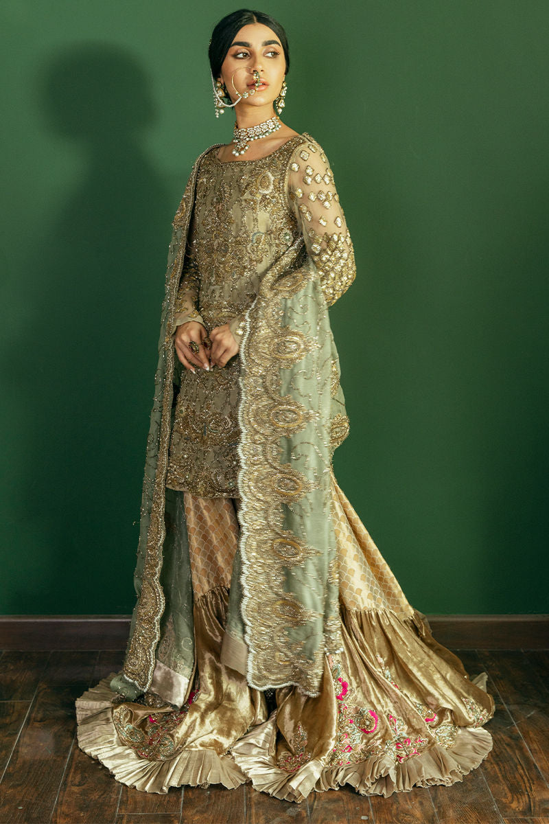 Pakistani Mint Green Antique Gold Embroidered Organza Gharara (3-Piece) - Image 1