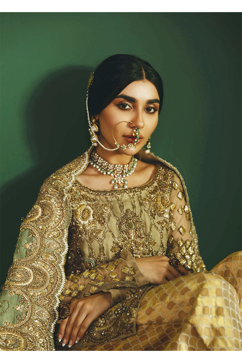 Pakistani Mint Green Antique Gold Embroidered Organza Gharara (3-Piece) - Image 10