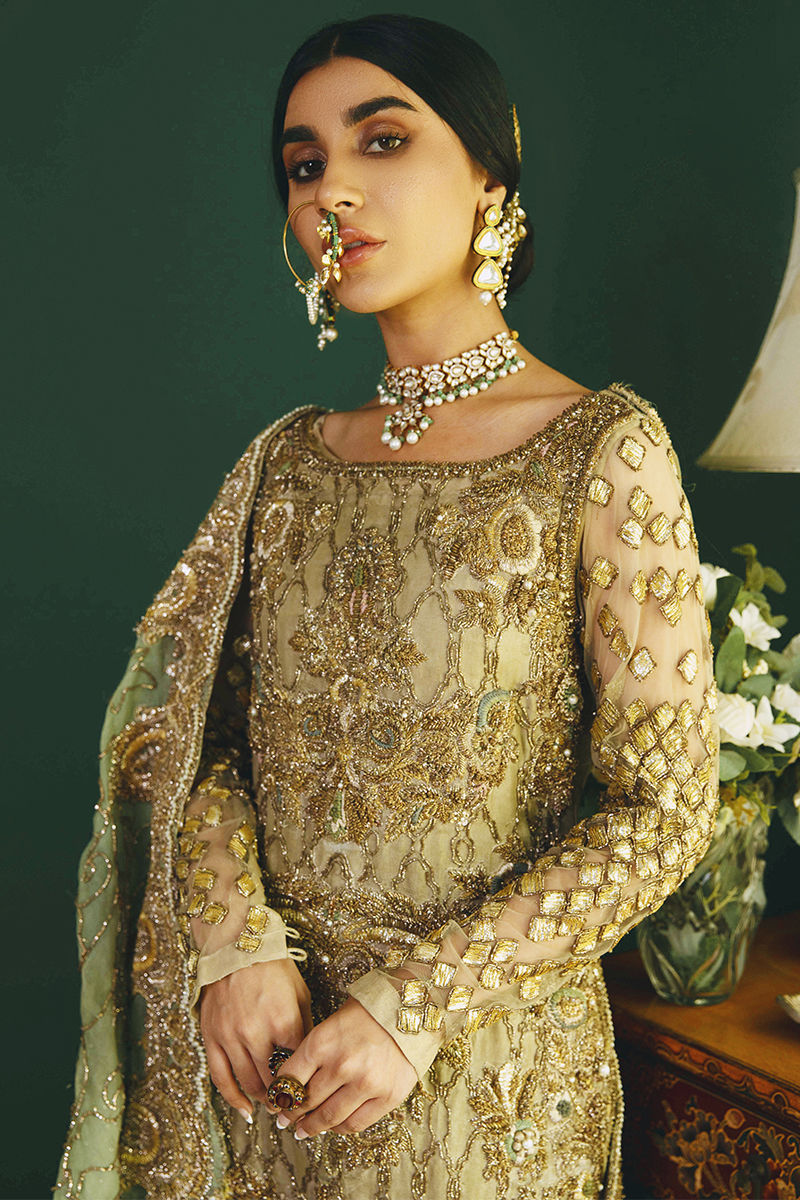 Pakistani Mint Green Antique Gold Embroidered Organza Gharara (3-Piece) - Image 11