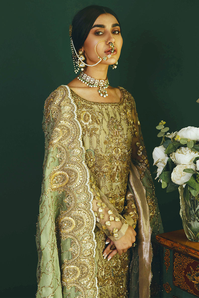 Pakistani Mint Green Antique Gold Embroidered Organza Gharara (3-Piece) - Image 12