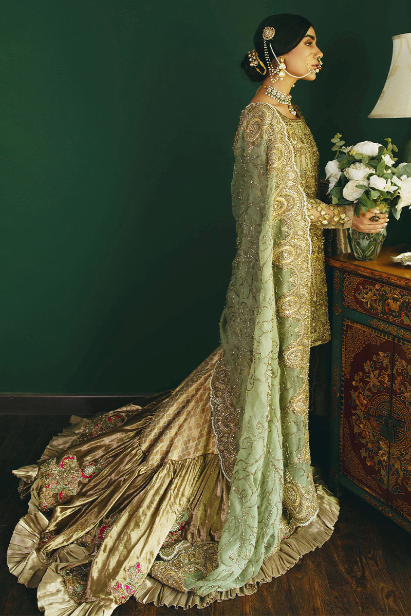 Pakistani Mint Green Antique Gold Embroidered Organza Gharara (3-Piece) - Image 13
