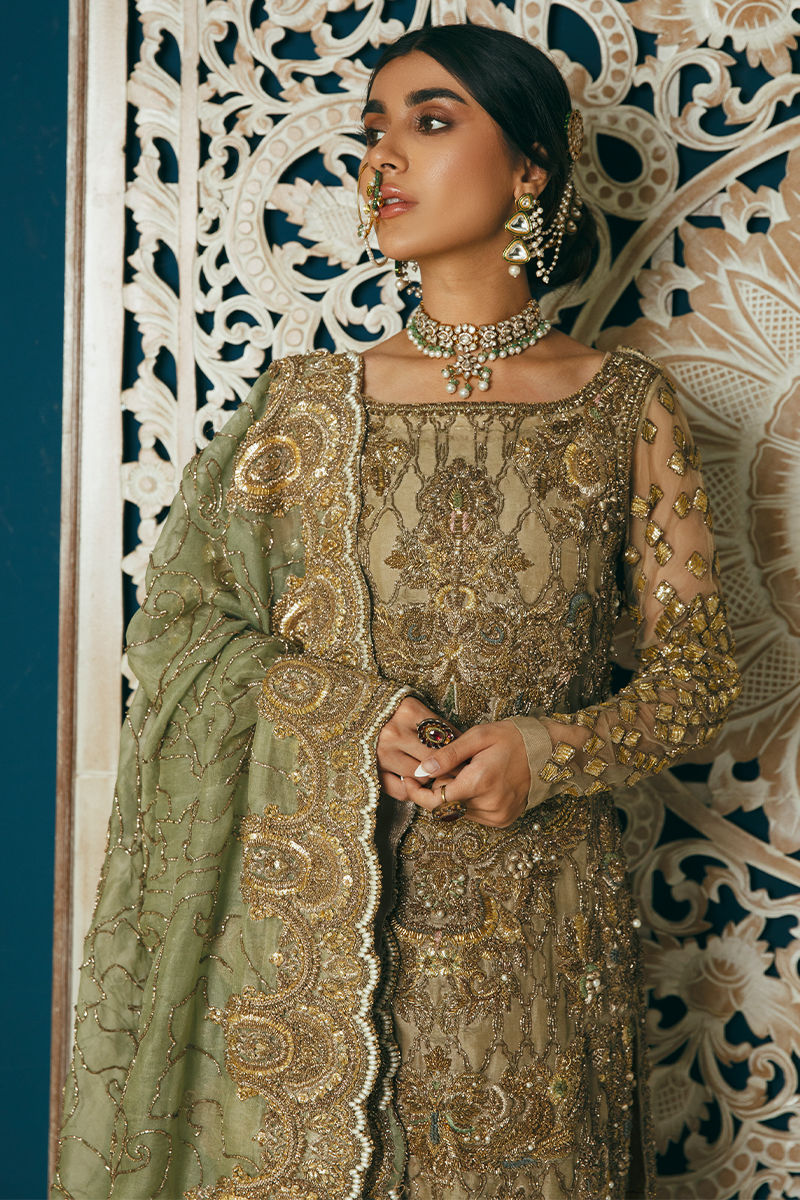 Pakistani Mint Green Antique Gold Embroidered Organza Gharara (3-Piece) - Image 14
