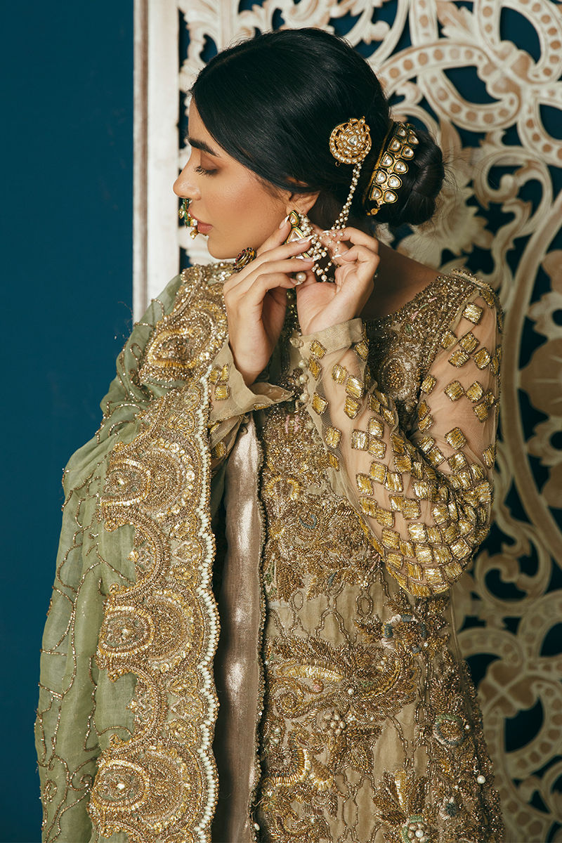 Pakistani Mint Green Antique Gold Embroidered Organza Gharara (3-Piece) - Image 15